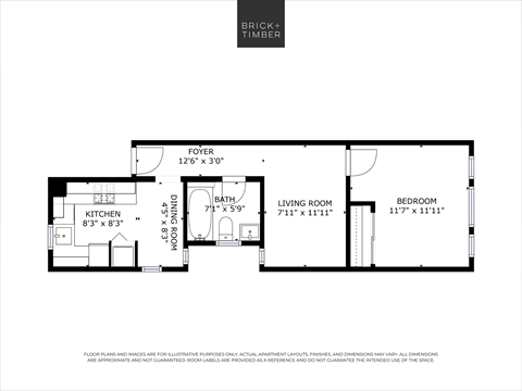 A black and white image of a floor plan for a Brick+Timber home.